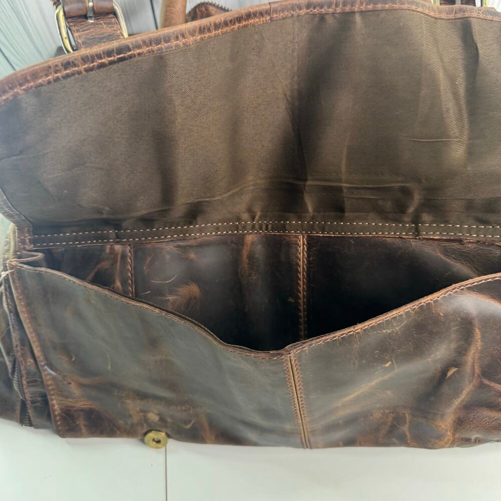 Vintage 90’s Brown Leather Weekender Duffle Patchwork Bag 20”x10”x10” Logo/Name - Picture 8 of 13